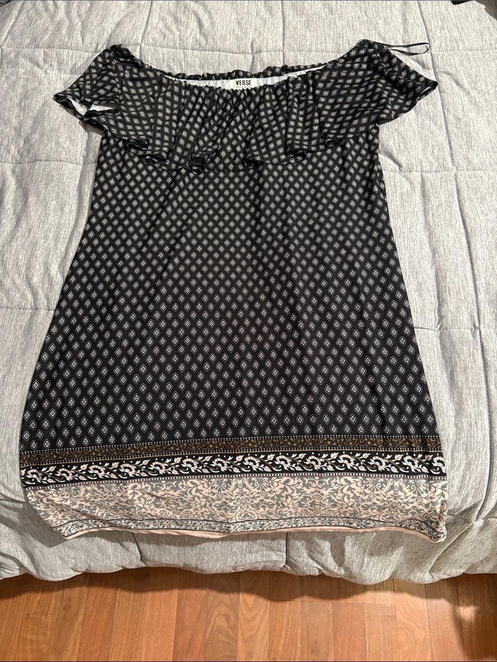 Verse Black Printed Off-Shoulder Mini Dress